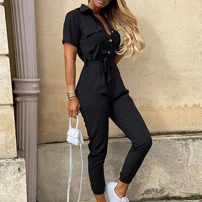 Jumpsuit femme - Coupe cintrée avec ceinture - Manches courtes - Rayures - Patte de boutonnage
