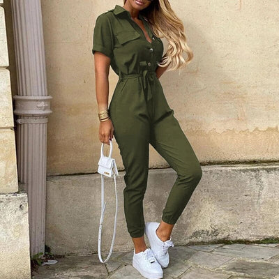 Jumpsuit femme - Coupe cintrée avec ceinture - Manches courtes - Rayures - Patte de boutonnage