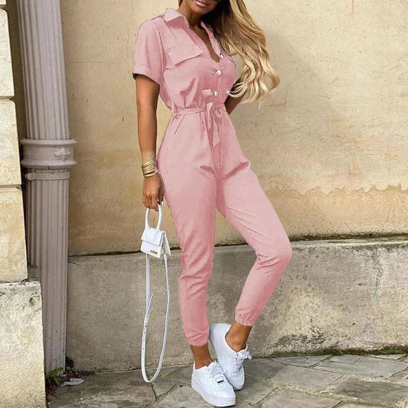 Jumpsuit femme - Coupe cintrée avec ceinture - Manches courtes - Rayures - Patte de boutonnage