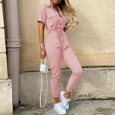Jumpsuit femme - Coupe cintrée avec ceinture - Manches courtes - Rayures - Patte de boutonnage