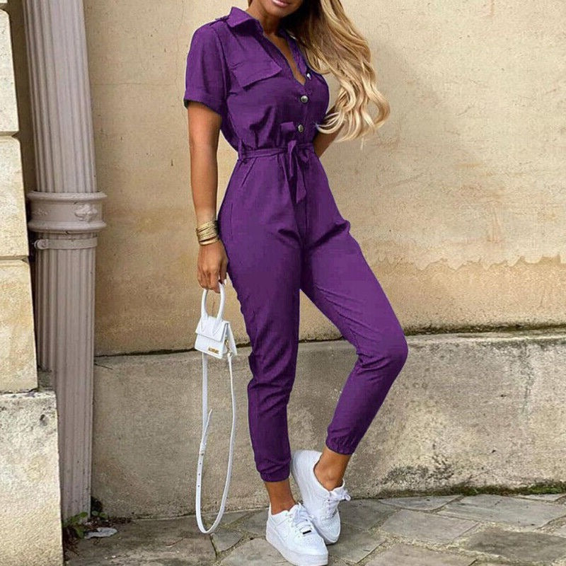 Jumpsuit femme - Coupe cintrée avec ceinture - Manches courtes - Rayures - Patte de boutonnage