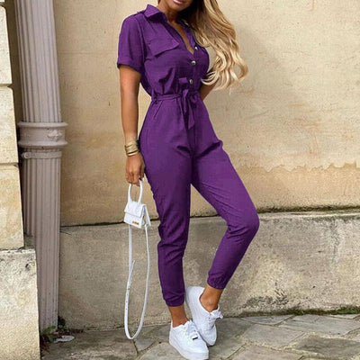 Jumpsuit femme - Coupe cintrée avec ceinture - Manches courtes - Rayures - Patte de boutonnage