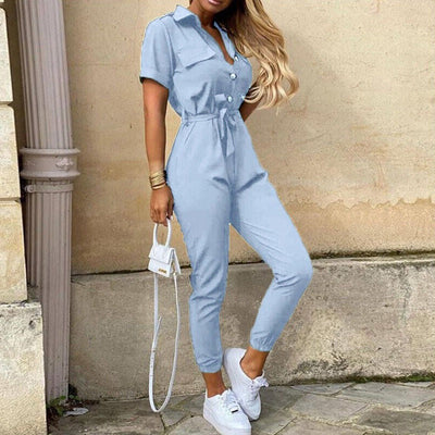 Jumpsuit femme - Coupe cintrée avec ceinture - Manches courtes - Rayures - Patte de boutonnage