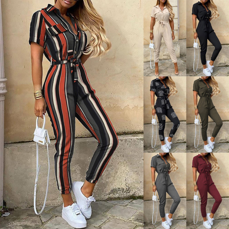Jumpsuit femme - Coupe cintrée avec ceinture - Manches courtes - Rayures - Patte de boutonnage