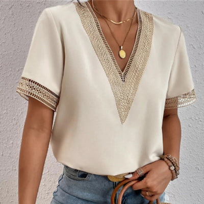 Blouse femme chic en crochet – Col V bohème – Manches courtes – Tissu léger d'été