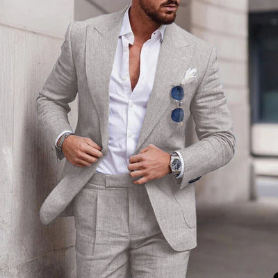 Costume de mariage en lin 2 pièces pour hommes - Design élégant à simple boutonnage