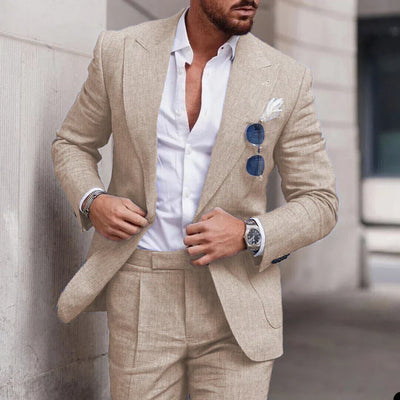 Costume de mariage en lin 2 pièces pour hommes - Design élégant à simple boutonnage