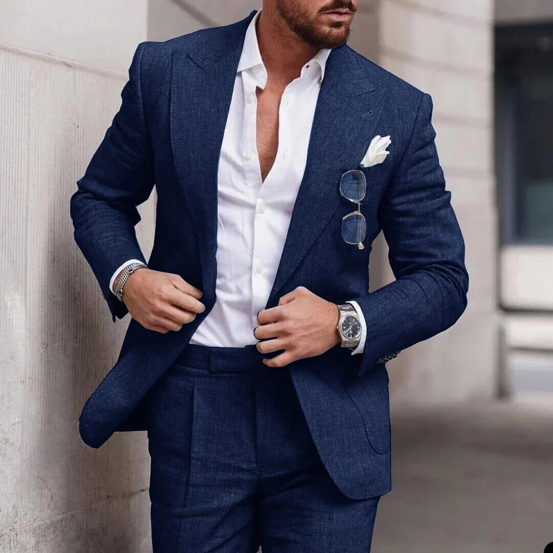 Costume de mariage en lin 2 pièces pour hommes - Design élégant à simple boutonnage