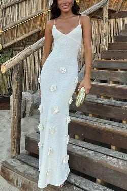 Robe pour femme – Coupe ajustée – Tissu tricoté – Fleurs 3D – Dos ouvert avec lien
