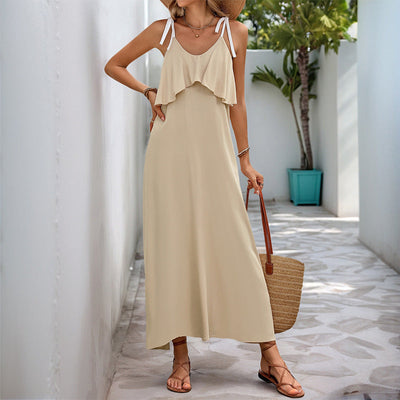 Robe femme – Sans manches – Coupe ample – Bretelles ajustables – Détails volantés – Longueur cheville