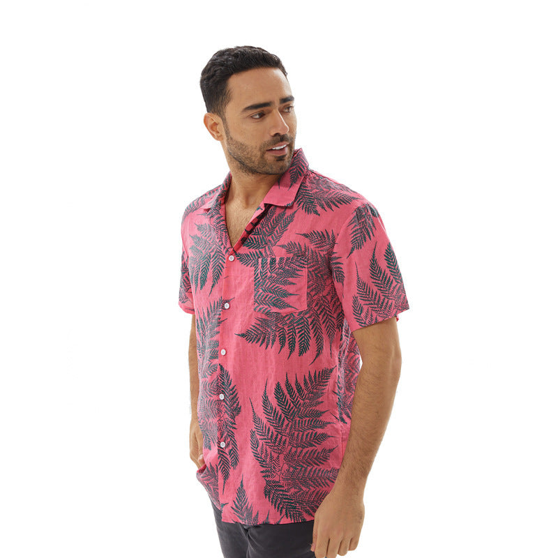 Chemise pour homme à manches courtes – Coupe décontractée – Tissu léger et respirant – Motif feuillage