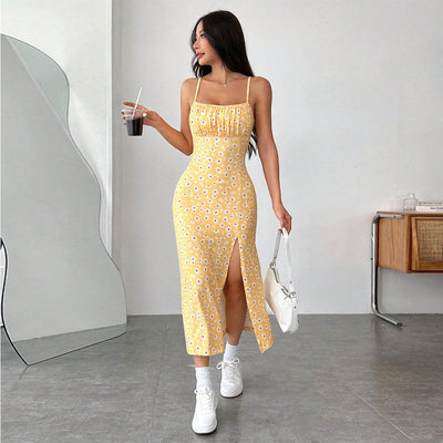 Robe pour femme – Coupe ajustée – Bretelles spaghetti – Imprimé floral – Fente – Mélange de coton