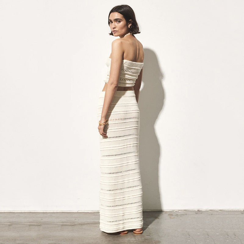 Ensemble Femme – Top Bandeau au Crochet et Jupe Midi Haute – Coupe Ajustée