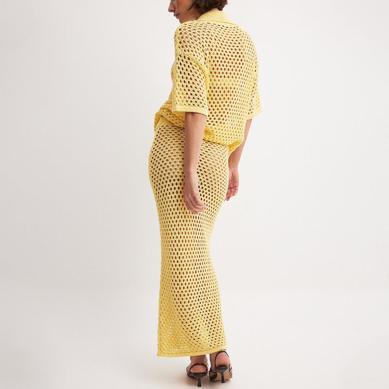 Ensemble Jupe Femme – Tissu Tricoté – Coupe Décontractée – Blouse à Boutons – Respirant