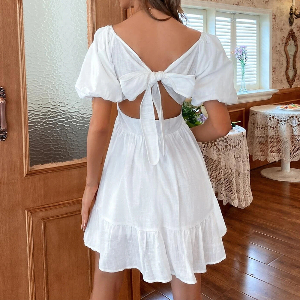 Robe femme – Mini longueur – Manches bouffantes – Décolleté carré – Taille cintrée
