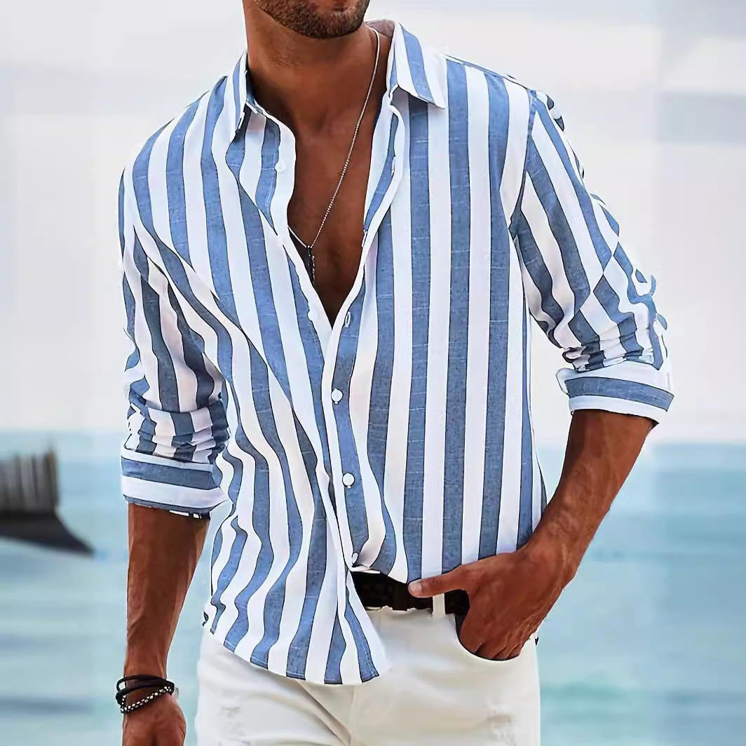 Chemise pour homme à manches longues – Mélange coton-lin – Coupe décontractée – Rayée