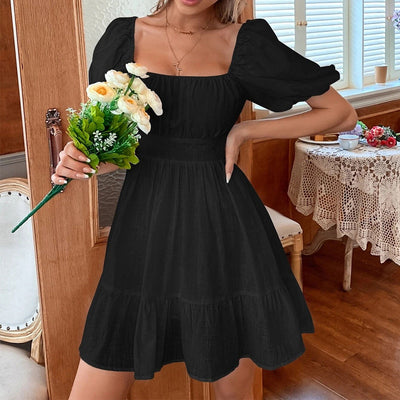 Robe femme – Mini longueur – Manches bouffantes – Décolleté carré – Taille cintrée