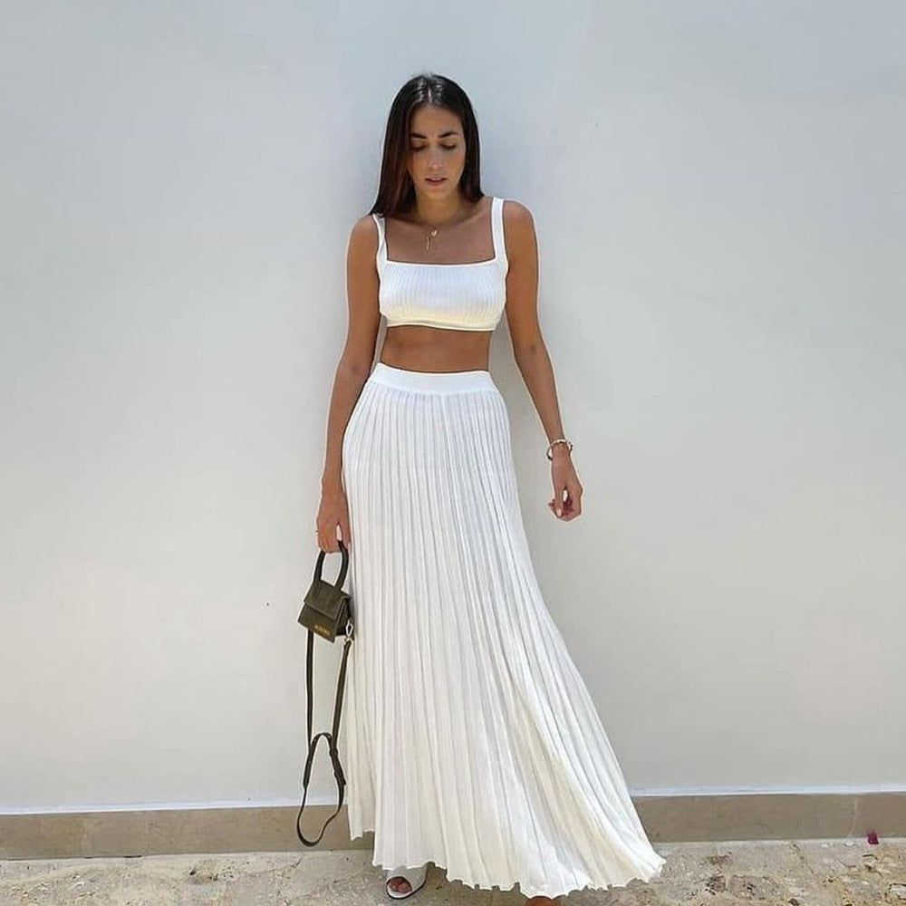 Ensemble Femme – Top Court en Maille Côtelée et Jupe Maxi Plissée – Coupe Ajustée