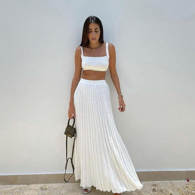 Ensemble Femme – Top Court en Maille Côtelée et Jupe Maxi Plissée – Coupe Ajustée