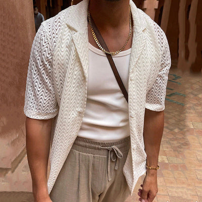 Cardigan pour hommes – Tricoté à manches courtes – Coupe ajustée – Motif ouvert – Boutons