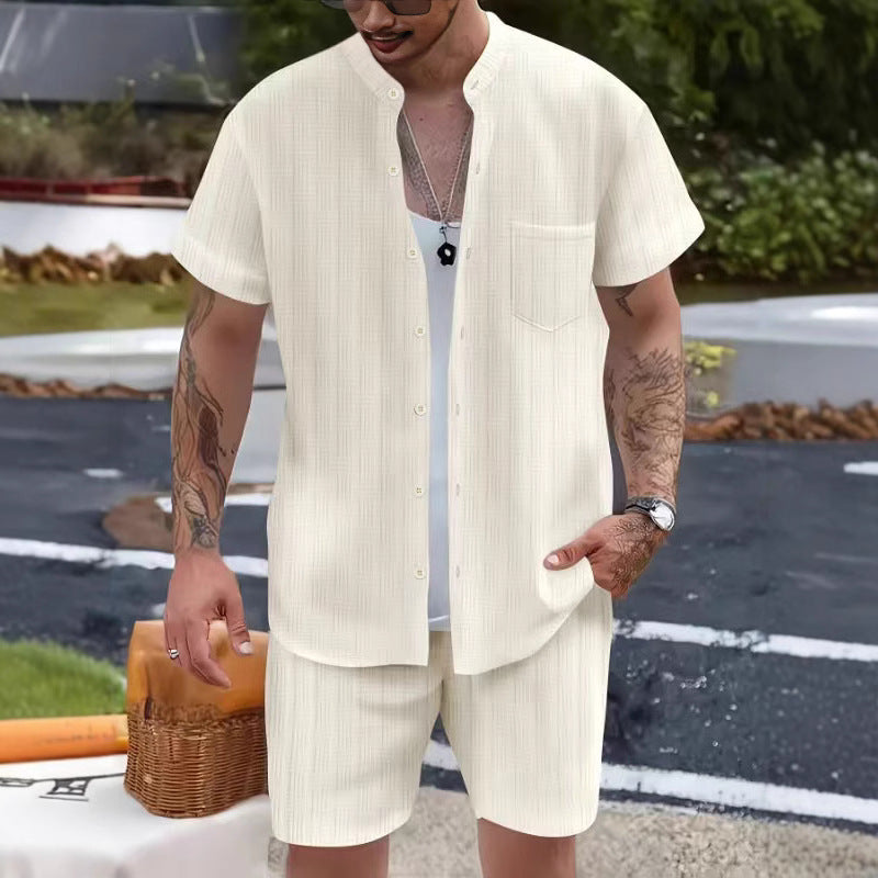Ensemble Homme – Chemise à Col Henley et Shorts – Coupe Décontractée Légère et Respirante
