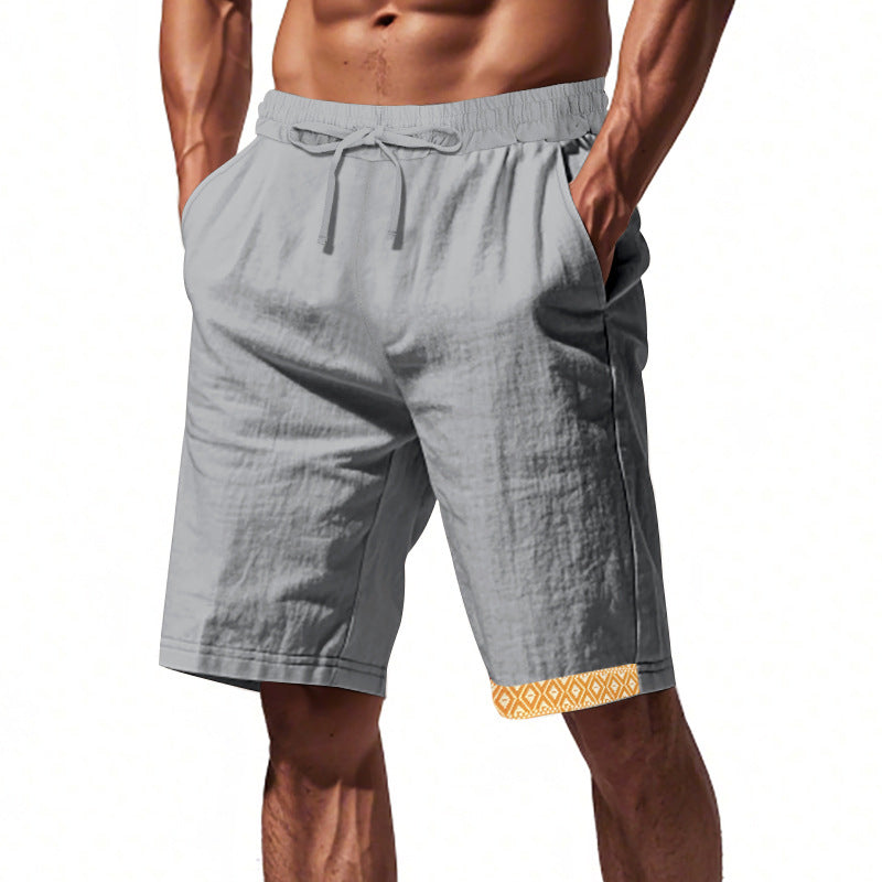 Shorts en lin pour hommes – Coupe décontractée – Tissu respirant – Cordon à la taille – Détails boho