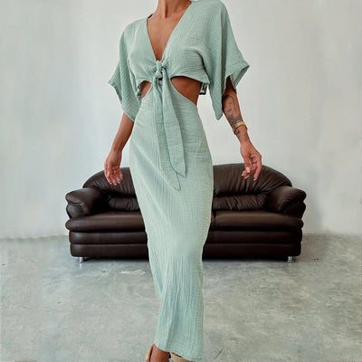 Robe femme – Robe maxi – Coupe ajustée – Col en V – Découpes – Dos nu