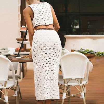 Jupe Femme – Coupe Slim – Tricot Crocheté – Longueur Midi – Taille Contrastante