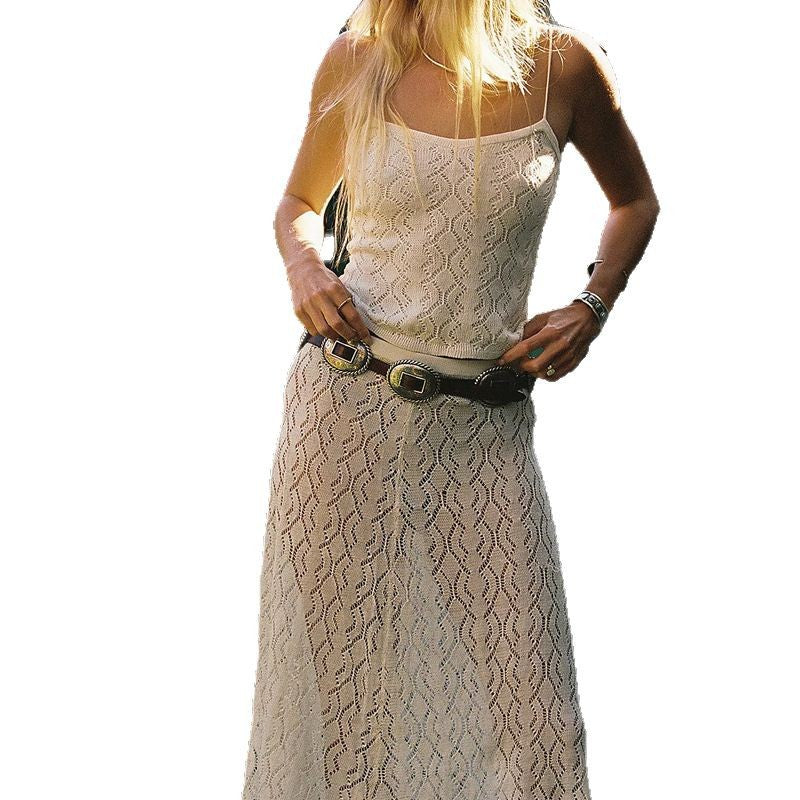 Robe femme – Coupe ajustée – Dentelle crochetée – Bretelles spaghetti – Midi – Style boho