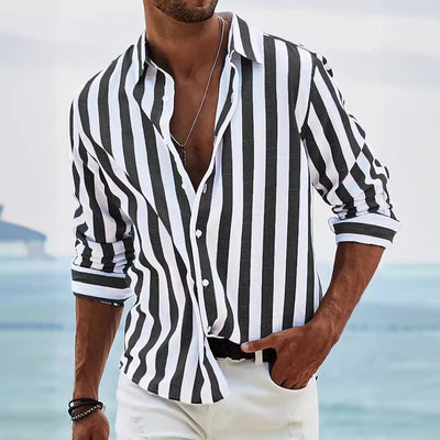 Chemise pour homme à manches longues – Mélange coton-lin – Coupe décontractée – Rayée
