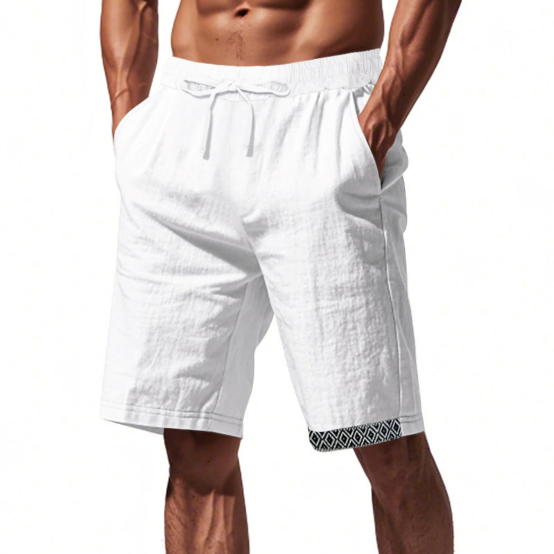 Shorts en lin pour hommes – Coupe décontractée – Tissu respirant – Cordon à la taille – Détails boho