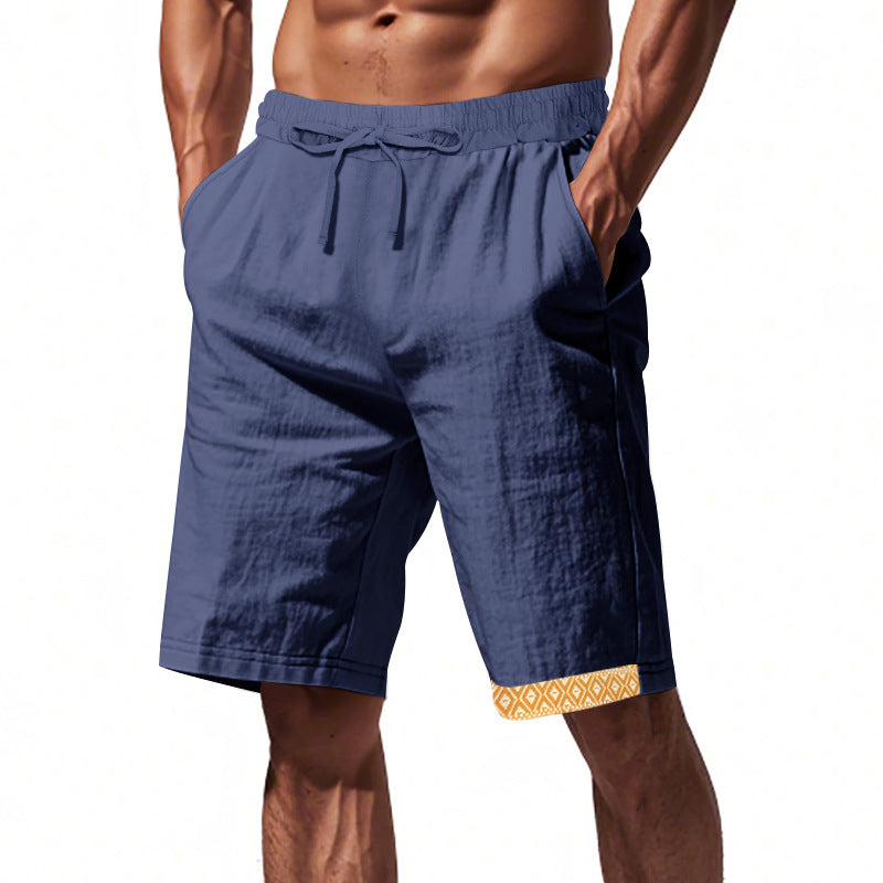 Shorts en lin pour hommes – Coupe décontractée – Tissu respirant – Cordon à la taille – Détails boho