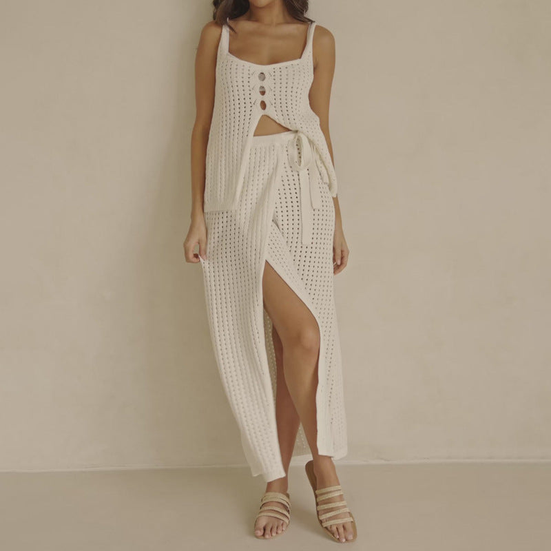 Ensemble Femme Strandsett – Top Court Tricoté – Jupe Maxi avec Fente et Nouage