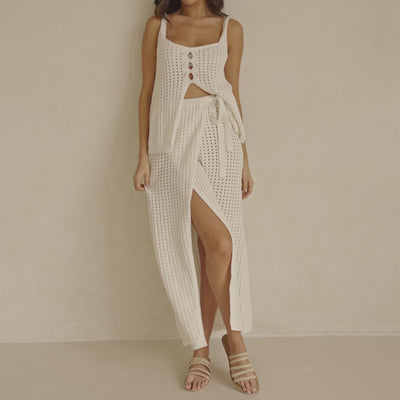 Ensemble Femme Strandsett – Top Court Tricoté – Jupe Maxi avec Fente et Nouage