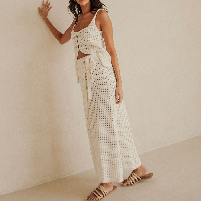 Ensemble Femme Strandsett – Top Court Tricoté – Jupe Maxi avec Fente et Nouage