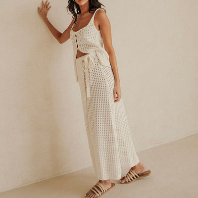 Ensemble Femme Strandsett – Top Court Tricoté – Jupe Maxi avec Fente et Nouage