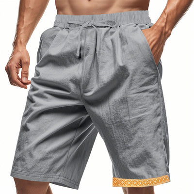 Shorts en lin pour hommes – Coupe décontractée – Tissu respirant – Cordon à la taille – Détails boho