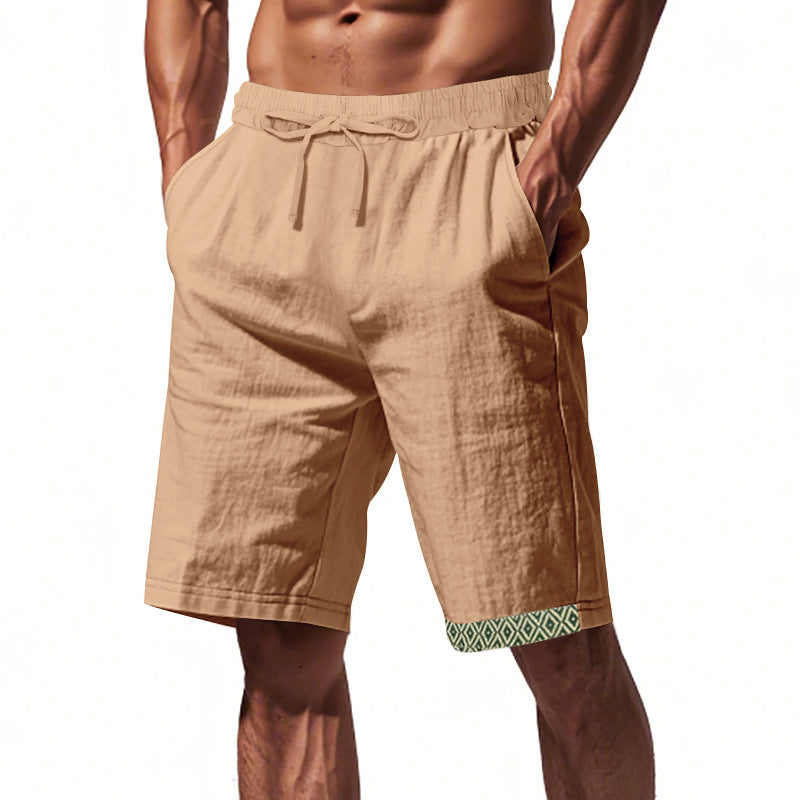 Shorts en lin pour hommes – Coupe décontractée – Tissu respirant – Cordon à la taille – Détails boho