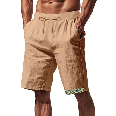 Shorts en lin pour hommes – Coupe décontractée – Tissu respirant – Cordon à la taille – Détails boho