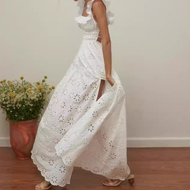 Robe femme – Sans manches, longueur entière – Broderie en coton – Bretelles froncées – Décolleté carré – Fente haute