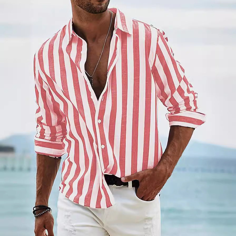 Chemise pour homme à manches longues – Mélange coton-lin – Coupe décontractée – Rayée