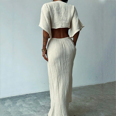 Robe femme – Robe maxi – Coupe ajustée – Col en V – Découpes – Dos nu