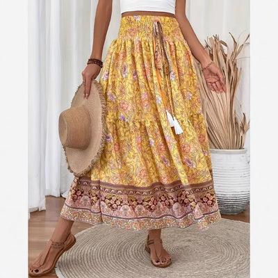 Jupe Longue Femme – Imprimé Floral Bohème – Taille Élastique – Mélange de Coton Aéré