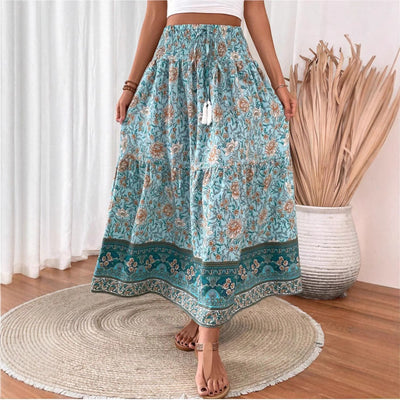 Jupe Longue Femme – Imprimé Floral Bohème – Taille Élastique – Mélange de Coton Aéré
