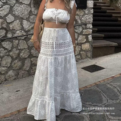 Ensemble Femme – Haut en Dentelle Débardeur – Jupe Taille Haute avec Volants et Cordon