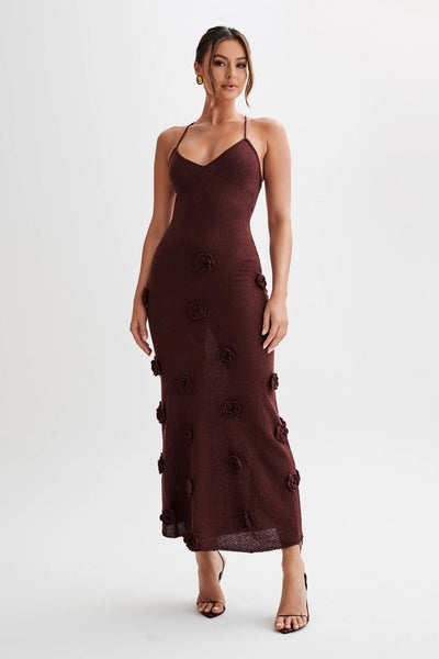 Robe pour femme – Coupe ajustée – Tissu tricoté – Fleurs 3D – Dos ouvert avec lien