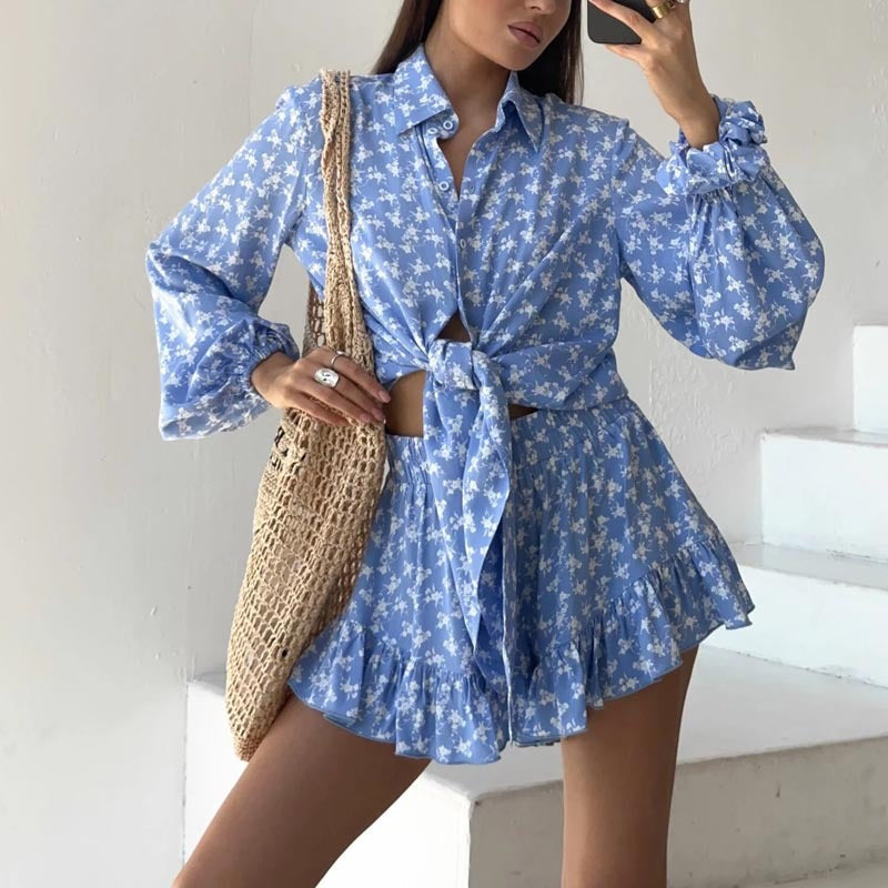 Ensemble Femme Deux Pièces – Imprimé Floral – Top à Nouer – Short Taille Haute avec Volants