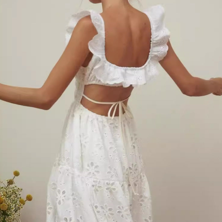 Robe femme – Sans manches, longueur entière – Broderie en coton – Bretelles froncées – Décolleté carré – Fente haute