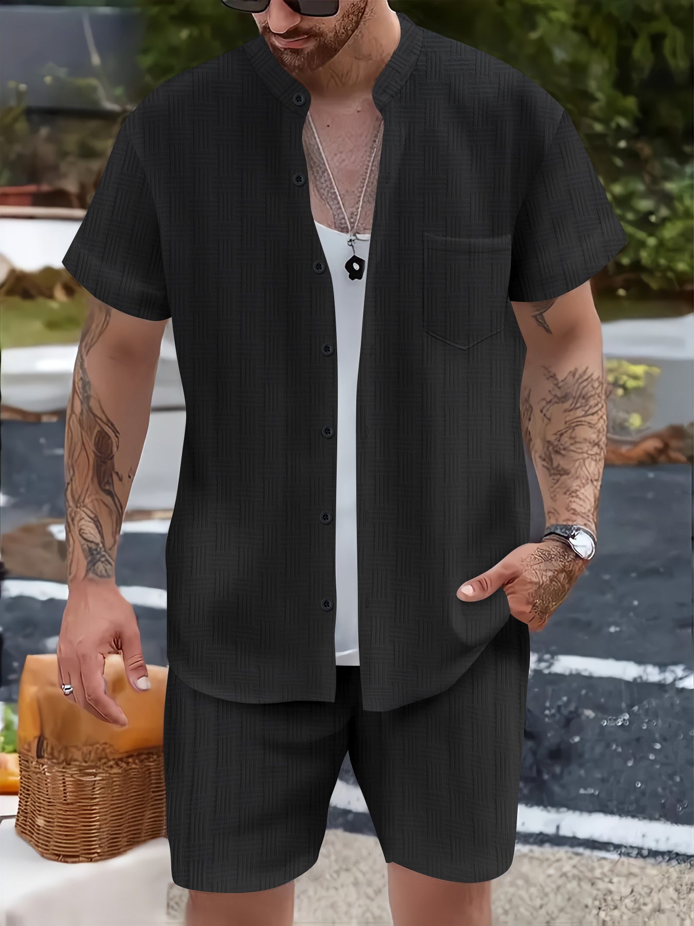Ensemble Homme – Chemise à Col Henley et Shorts – Coupe Décontractée Légère et Respirante