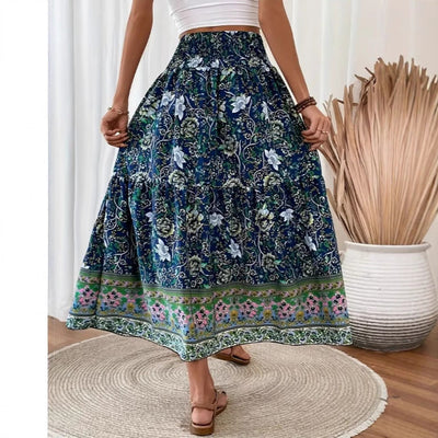 Jupe Longue Femme – Imprimé Floral Bohème – Taille Élastique – Mélange de Coton Aéré